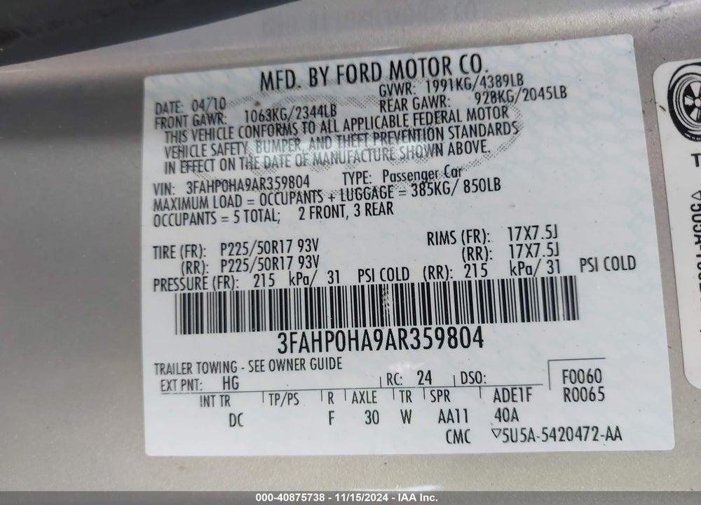 2010 FORD FUSION SE VIN: 3FAHP0HA9AR359804