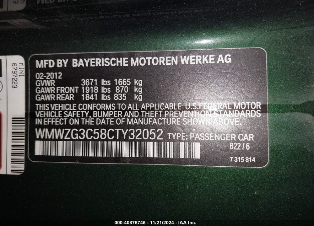 2012 MINI COOPER S CLUBMAN VIN: WMWZG3C58CTY32052