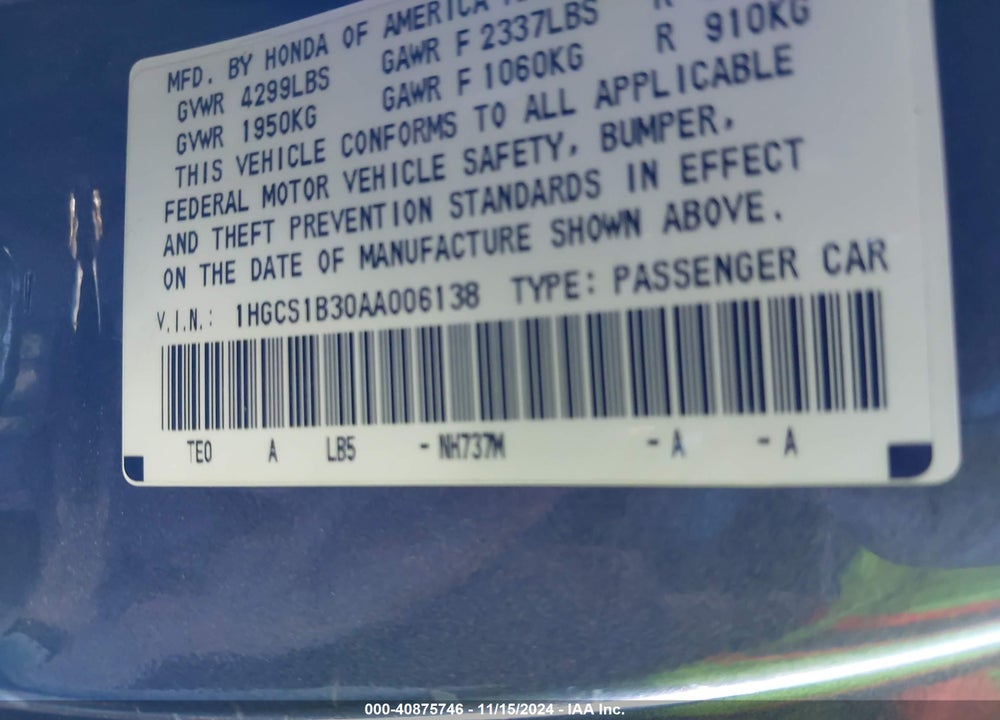 2010 HONDA ACCORD VIN: 1HGCS1B30AA006138