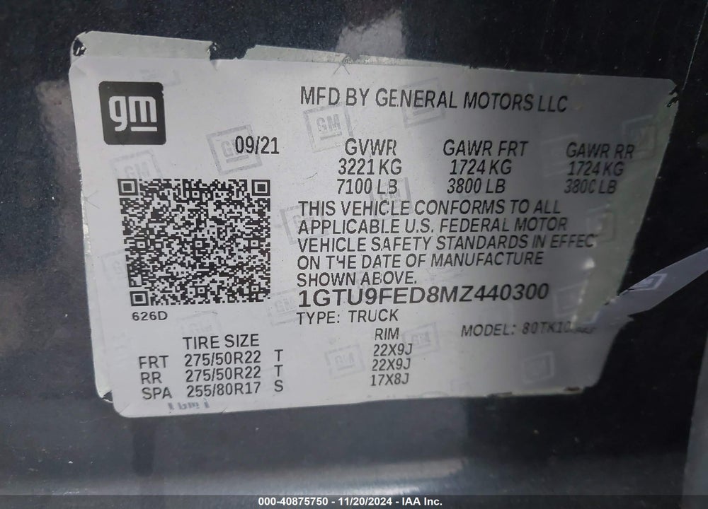 2021 GMC SIERRA 1500 4WD SHORT BOX DENALI VIN: 1GTU9FED8MZ440300