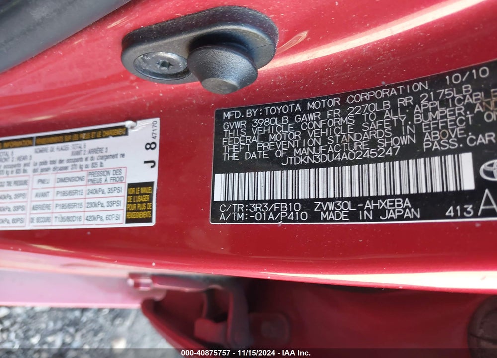 2010 TOYOTA PRIUS III VIN: JTDKN3DU4A0245247