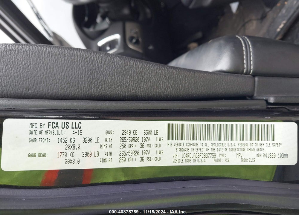 2015 DODGE DURANGO VIN: 1C4RDJAG8FC837759