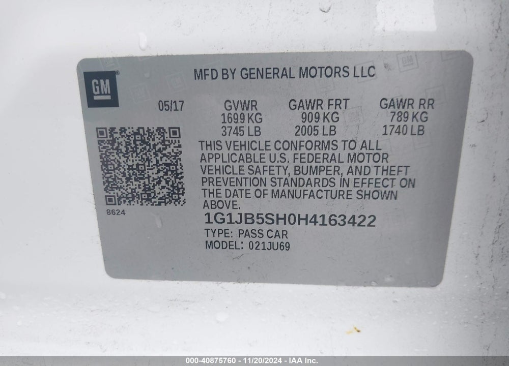 2017 CHEVROLET SONIC LS AUTO VIN: 1G1JB5SH0H4163422