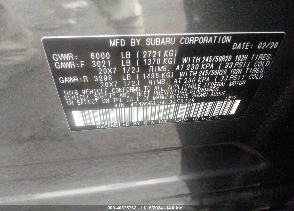2020 SUBARU ASCENT LIMITED VIN: 4S4WMALD4L3458139