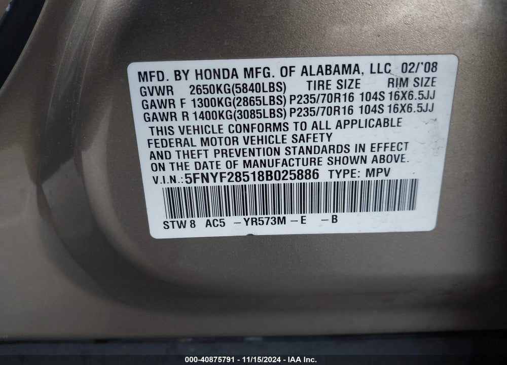2008 HONDA PILOT EX-L VIN: 5FNYF28518B025886