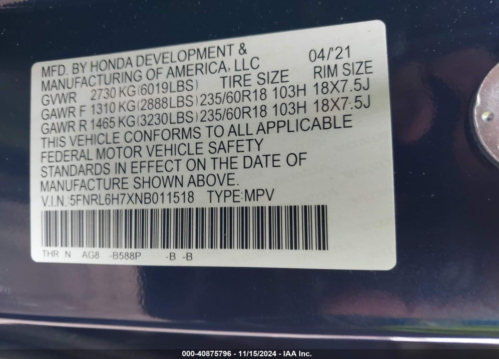 2022 HONDA ODYSSEY EX-L VIN: 5FNRL6H7XNB011518