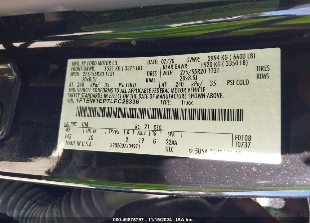 2020 FORD F-150 XL VIN: 1FTEW1EP7LFC28336