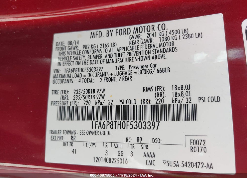2015 FORD MUSTANG ECOBOOST VIN: 1FA6P8TH0F5303397