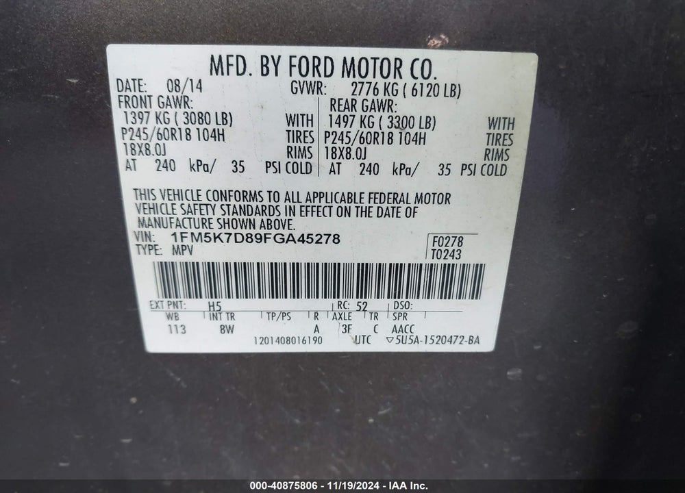 2015 FORD EXPLORER XLT VIN: 1FM5K7D89FGA45278