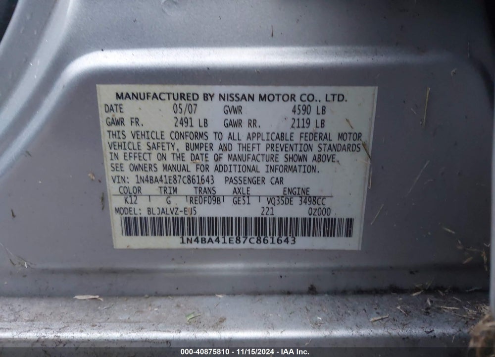 2007 NISSAN MAXIMA 3.5 SE VIN: 1N4BA41E87C861643