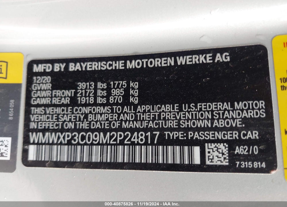 2021 MINI SE HARDTOP COOPER VIN: WMWXP3C09M2P24817