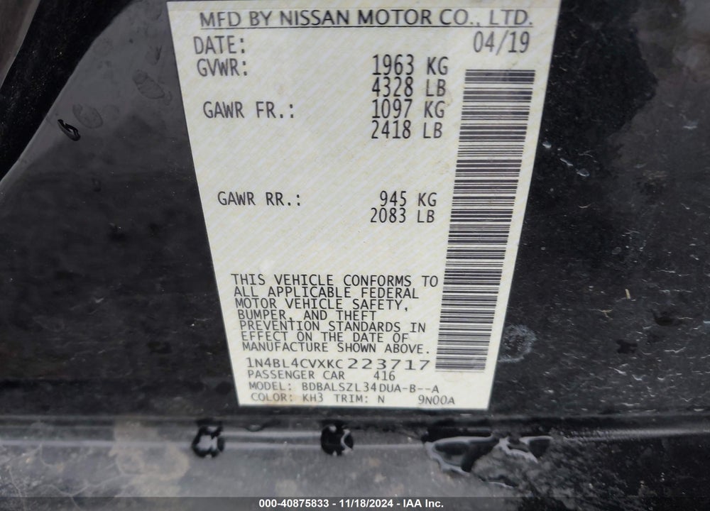 2019 NISSAN ALTIMA 2.5 SR VIN: 1N4BL4CVXKC223717