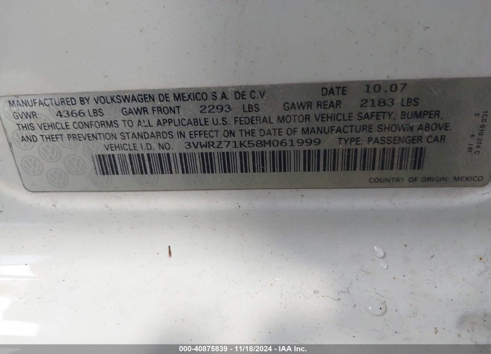 2008 VOLKSWAGEN JETTA SE/SEL VIN: 3VWRZ71K58M061999