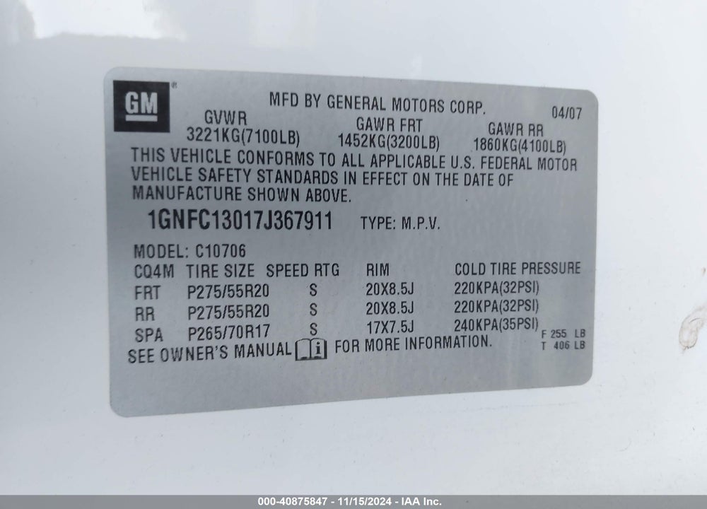 2007 CHEVROLET TAHOE LTZ VIN: 1GNFC13017J367911