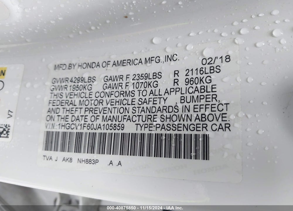 2018 HONDA ACCORD EX-L VIN: 1HGCV1F60JA105859