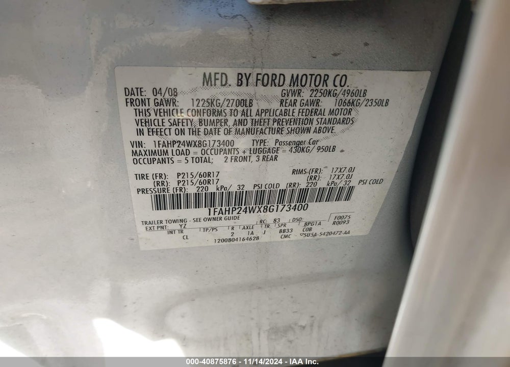 2008 FORD TAURUS SEL VIN: 1FAHP24WX8G173400