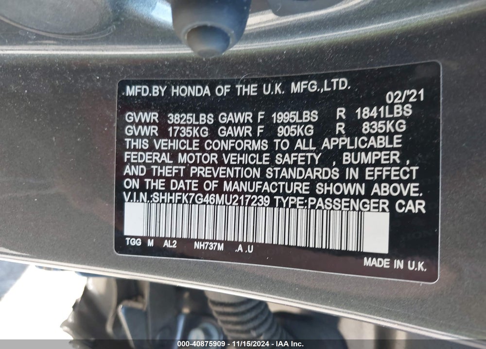 2021 HONDA CIVIC VIN: SHHFK7G46MU217239