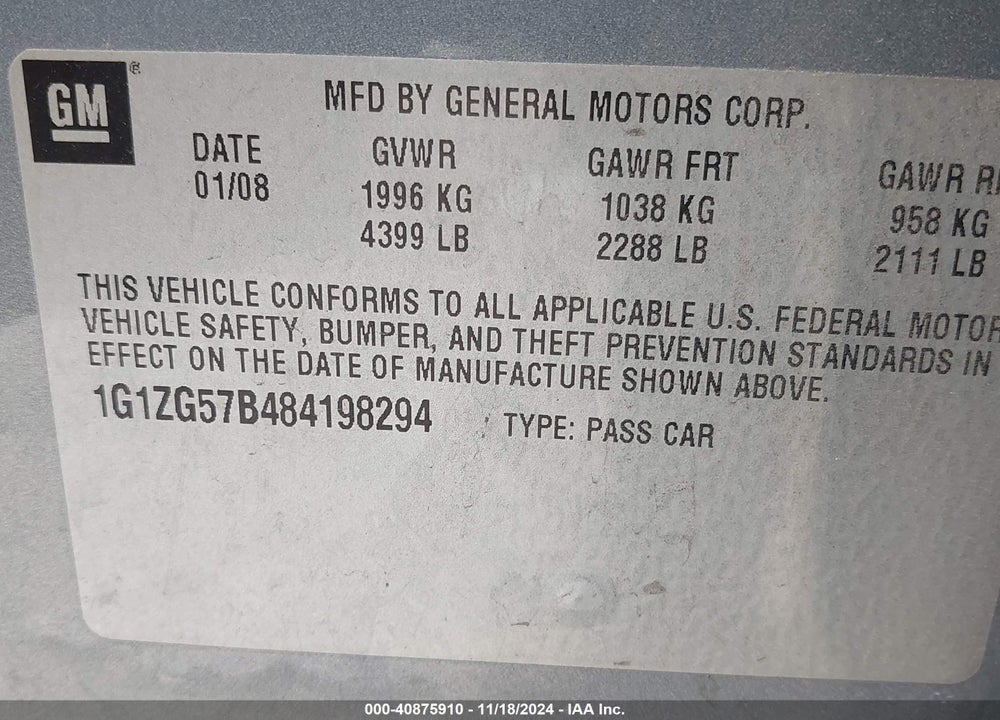 2008 CHEVROLET MALIBU VIN: 1G1ZG57B484198294