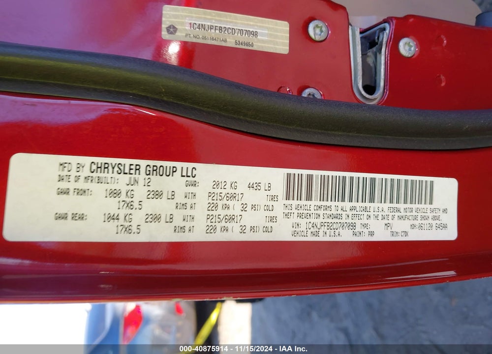 2012 JEEP PATRIOT LATITUDE VIN: 1C4NJPFB2CD707098