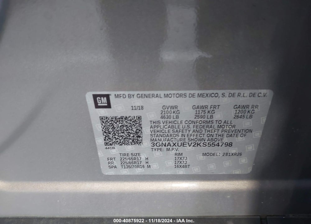 2019 CHEVROLET EQUINOX LT VIN: 3GNAXUEV2KS554798