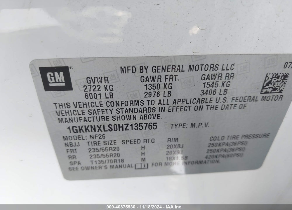 2017 GMC ACADIA VIN: 1GKKNXLS0HZ135765