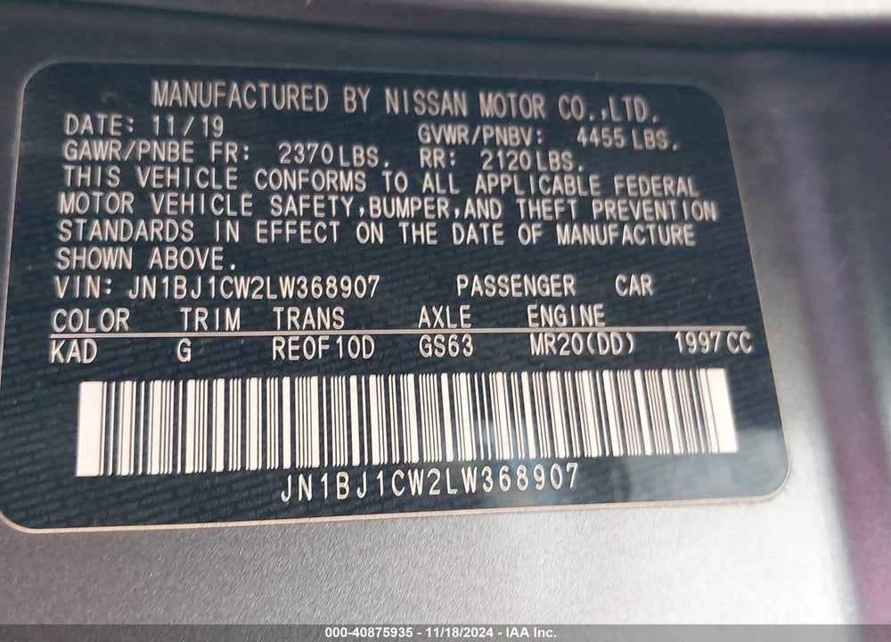 2020 NISSAN ROGUE SPORT S AWD XTRONIC CVT VIN: JN1BJ1CW2LW368907