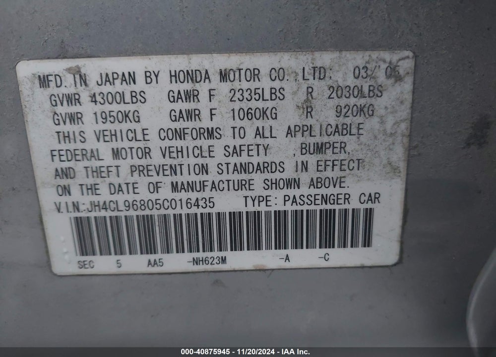 2005 ACURA TSX VIN: JH4CL96805C016435