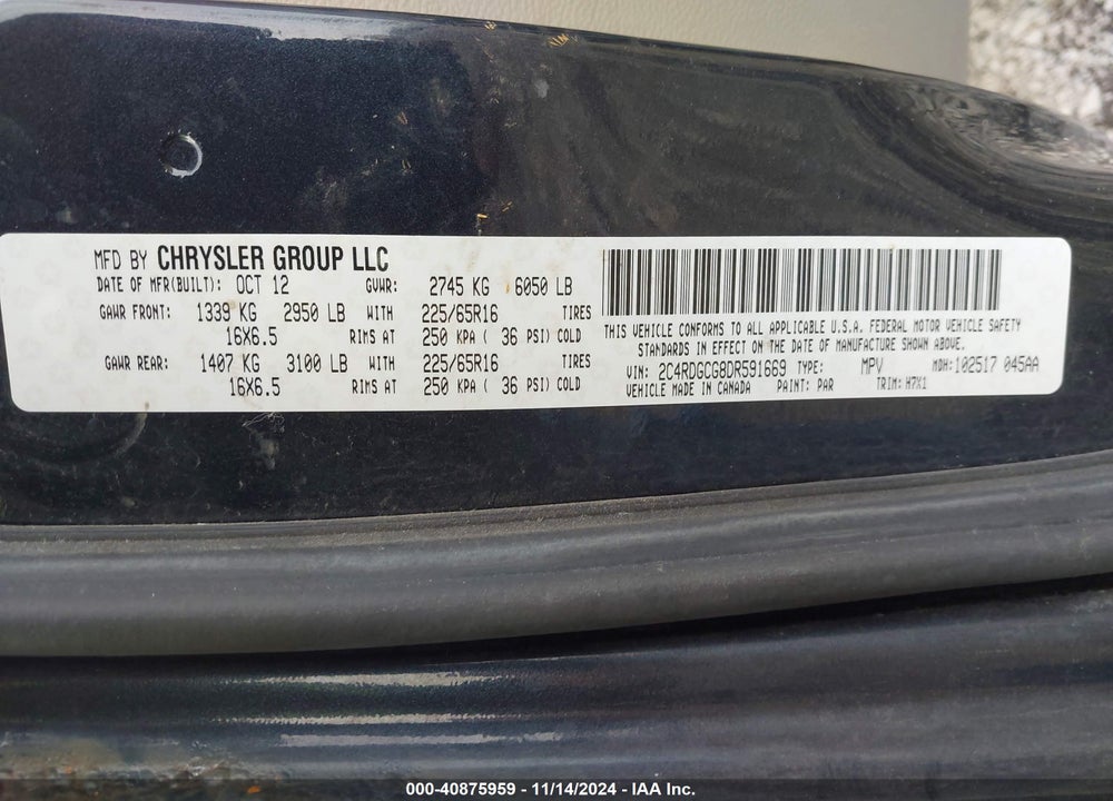 2013 DODGE GRAND CARAVAN SXT VIN: 2C4RDGCG8DR591669