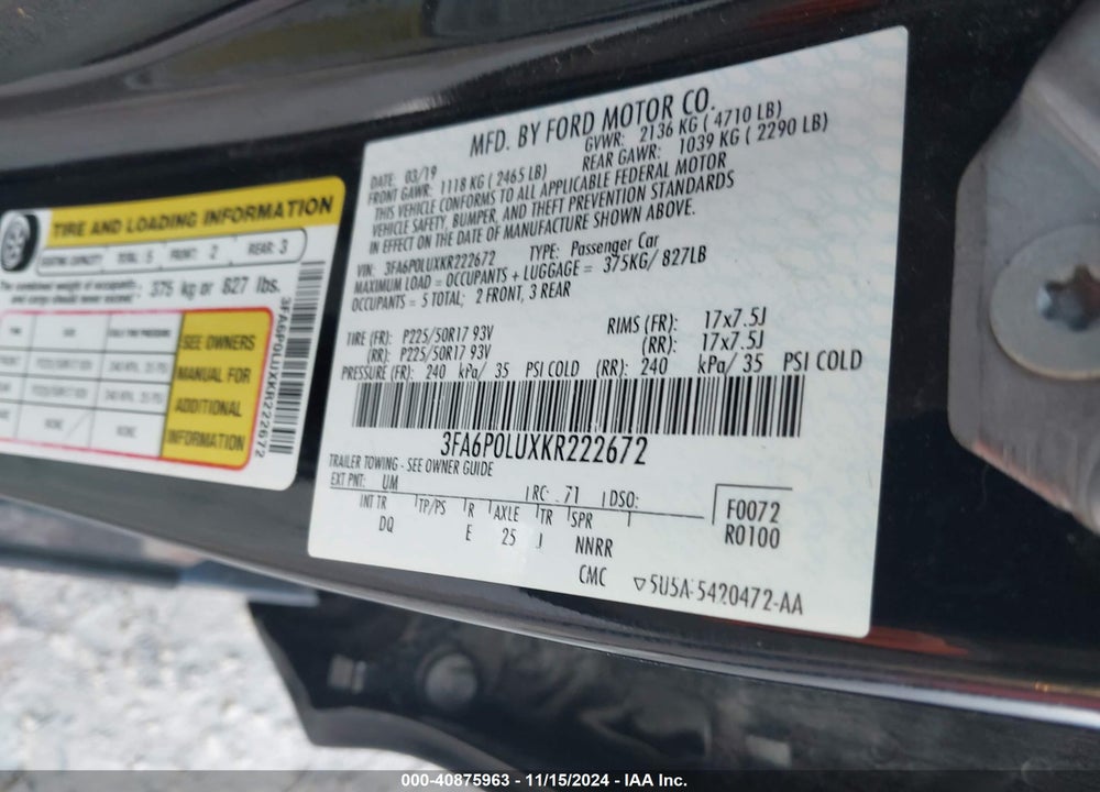 2019 FORD FUSION HYBRID SE VIN: 3FA6P0LUXKR222672
