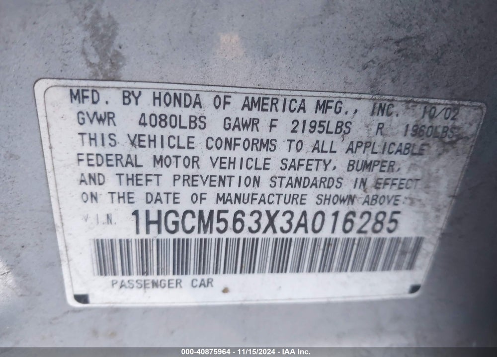2003 HONDA ACCORD 2.4 LX VIN: 1HGCM563X3A016285