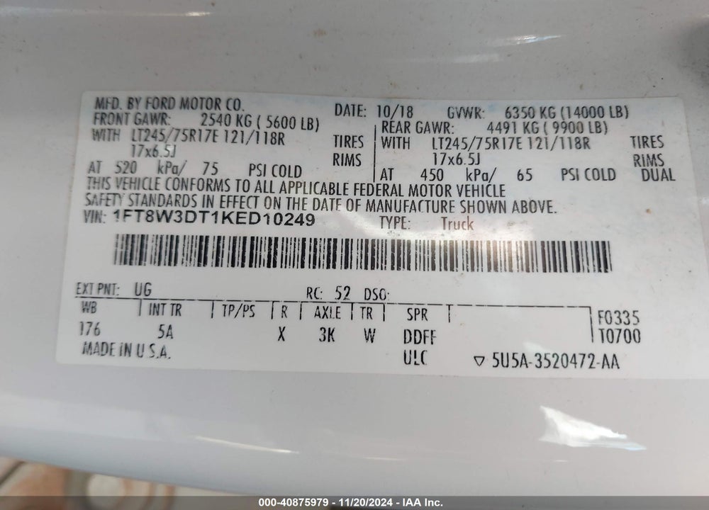 2019 FORD F-350 LARIAT VIN: 1FT8W3DT1KED10249