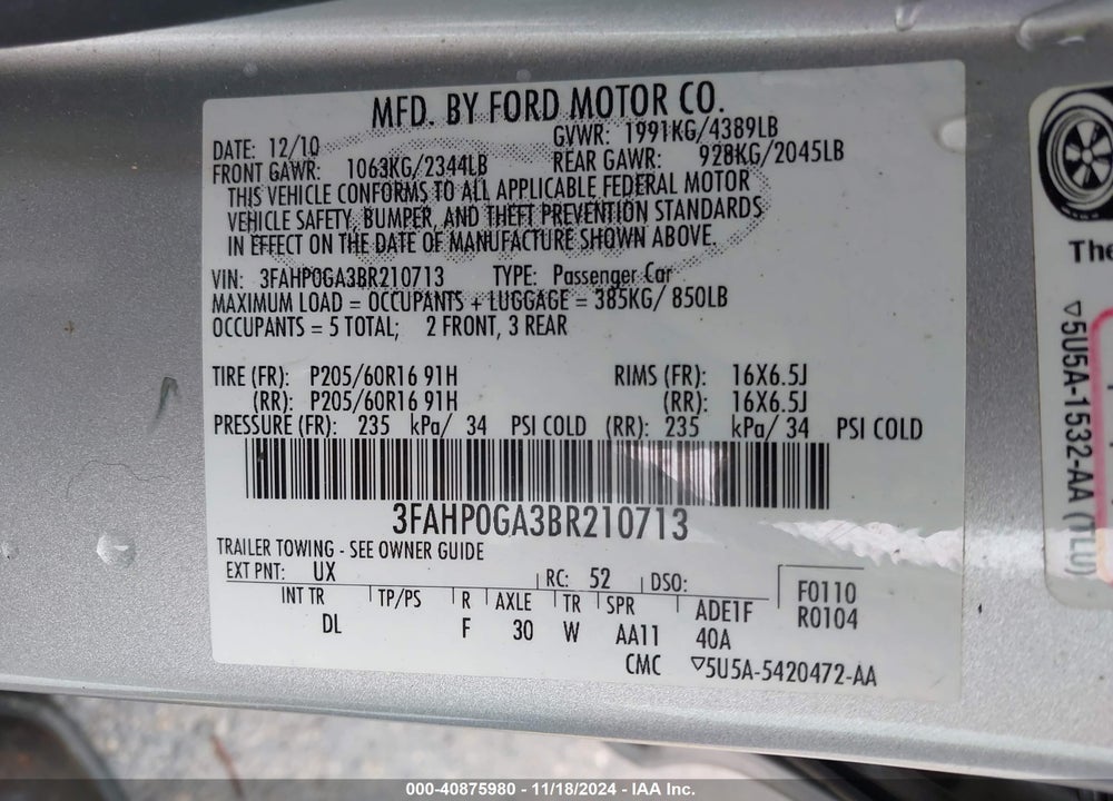 2011 FORD FUSION S VIN: 3FAHP0GA3BR210713