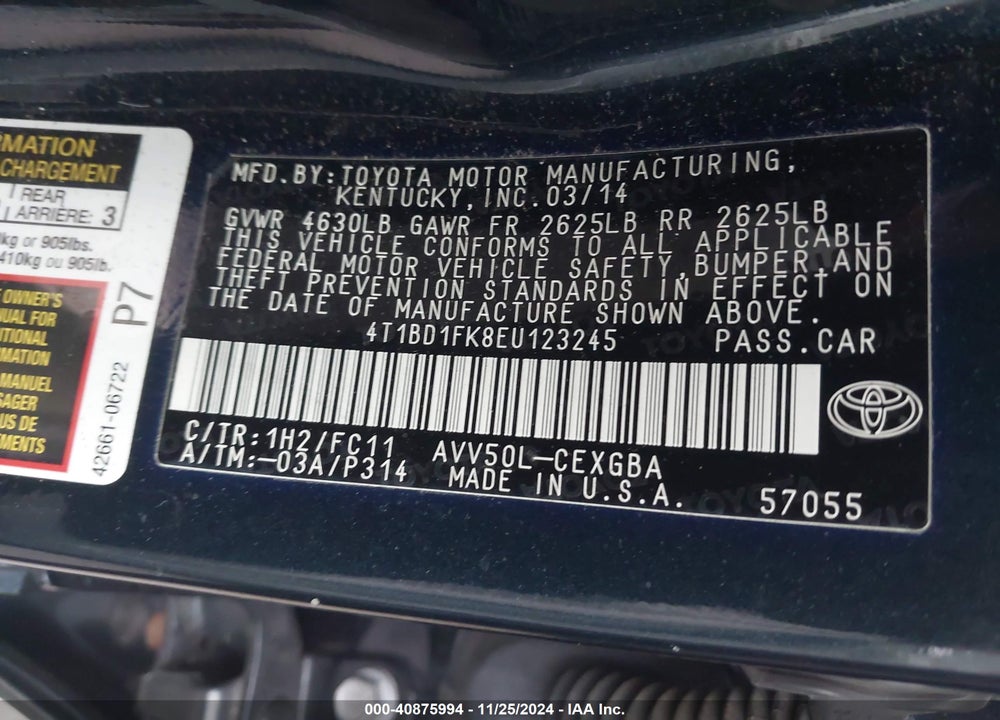 2014 TOYOTA CAMRY HYBRID XLE VIN: 4T1BD1FK8EU123245