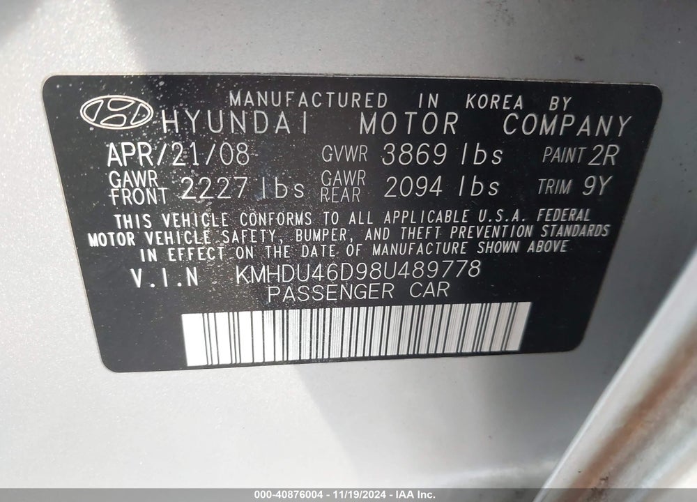 2008 HYUNDAI ELANTRA GLS/SE VIN: KMHDU46D98U489778