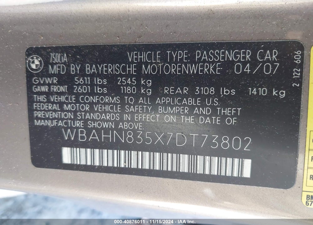 2007 BMW 750LI VIN: WBAHN835X7DT73802