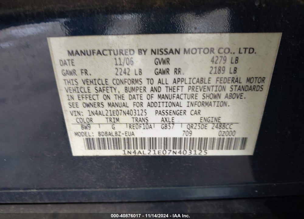 2007 NISSAN ALTIMA 2.5 S VIN: 1N4AL21E07N403125