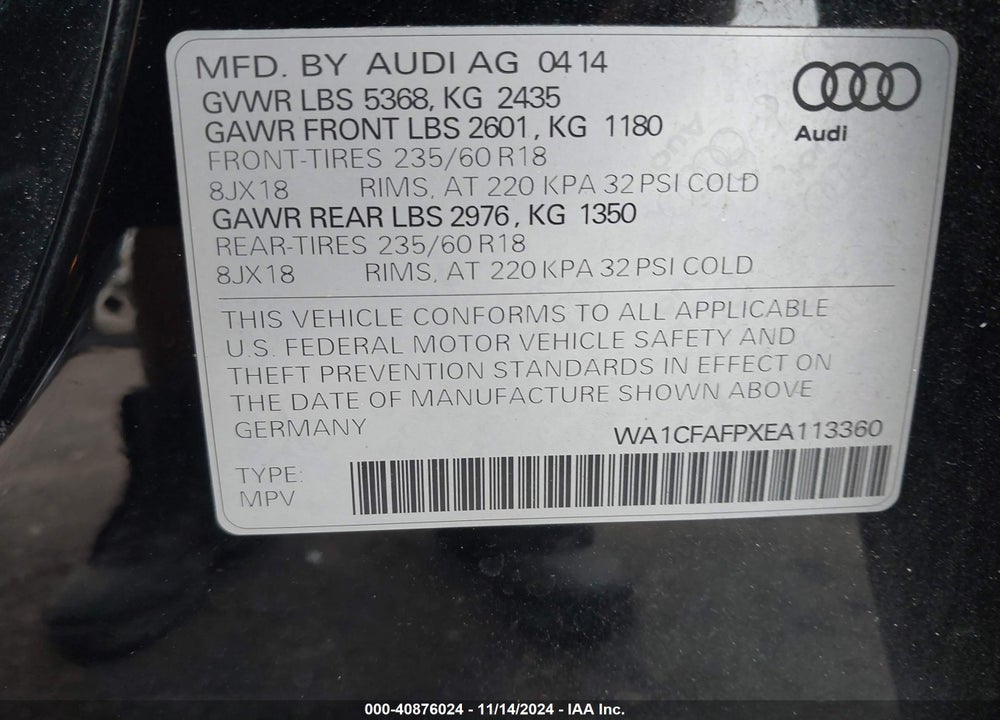 2014 AUDI Q5 2.0T PREMIUM VIN: WA1CFAFPXEA113360