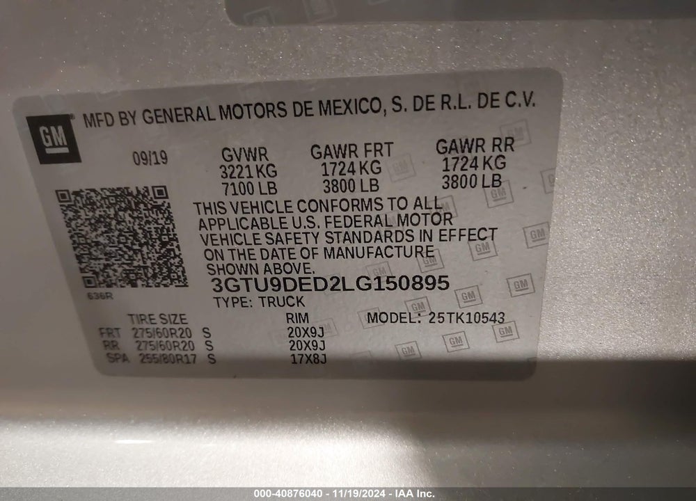2020 GMC SIERRA 1500 VIN: 3GTU9DED2LG150895