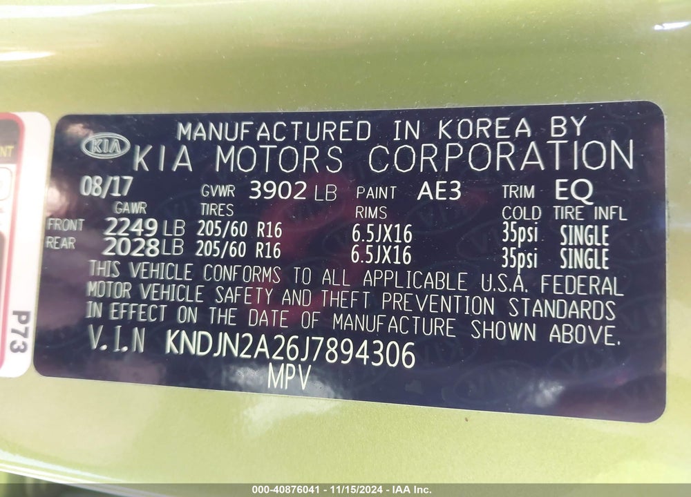 2018 KIA SOUL VIN: KNDJN2A26J7894306