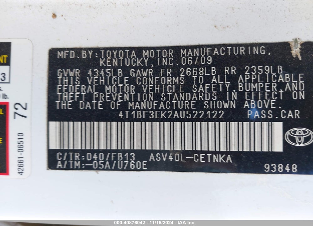 2010 TOYOTA CAMRY LE VIN: 4T1BF3EK2AU522122