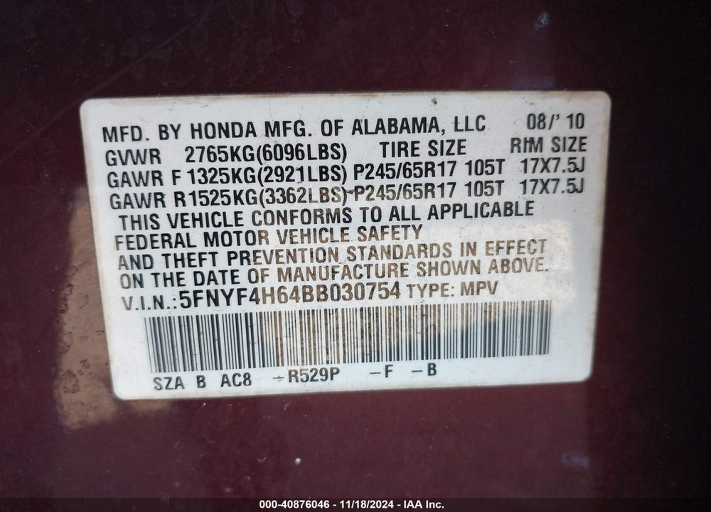 2011 HONDA PILOT EX-L VIN: 5FNYF4H64BB030754