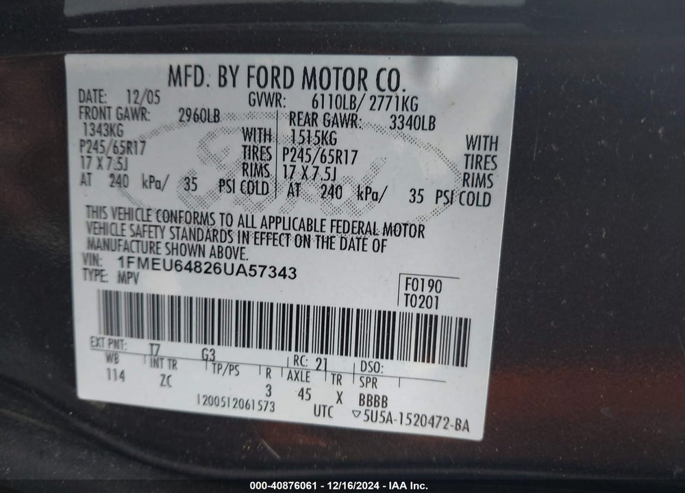 2006 FORD EXPLORER EDDIE BAUER VIN: 1FMEU64826UA57343