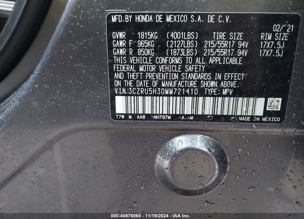 2021 HONDA HR-V 2WD LX VIN: 3CZRU5H30MM721410