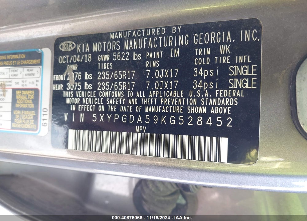 2019 KIA SORENTO 3.3L LX VIN: 5XYPGDA59KG528452