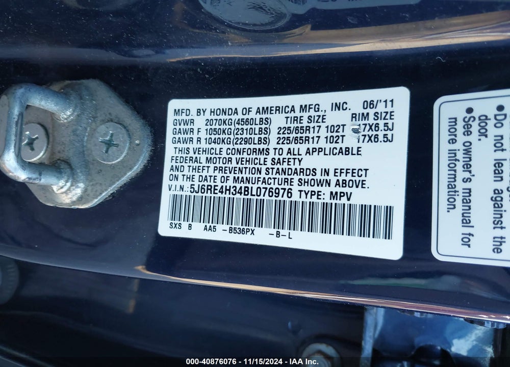 2011 HONDA CR-V LX VIN: 5J6RE4H34BL076976