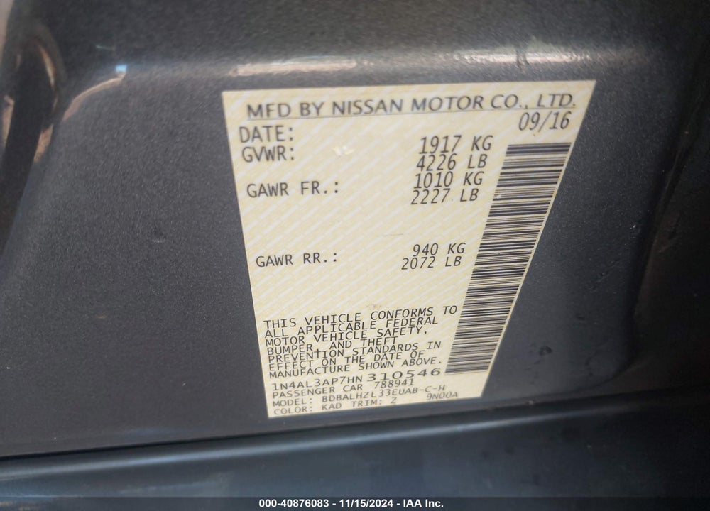 2017 NISSAN ALTIMA 2.5 SR VIN: 1N4AL3AP7HN310546