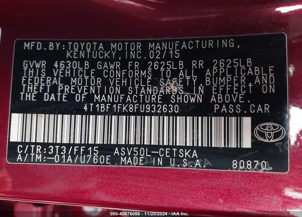 2015 TOYOTA CAMRY VIN: 4T1BF1FK8FU932630