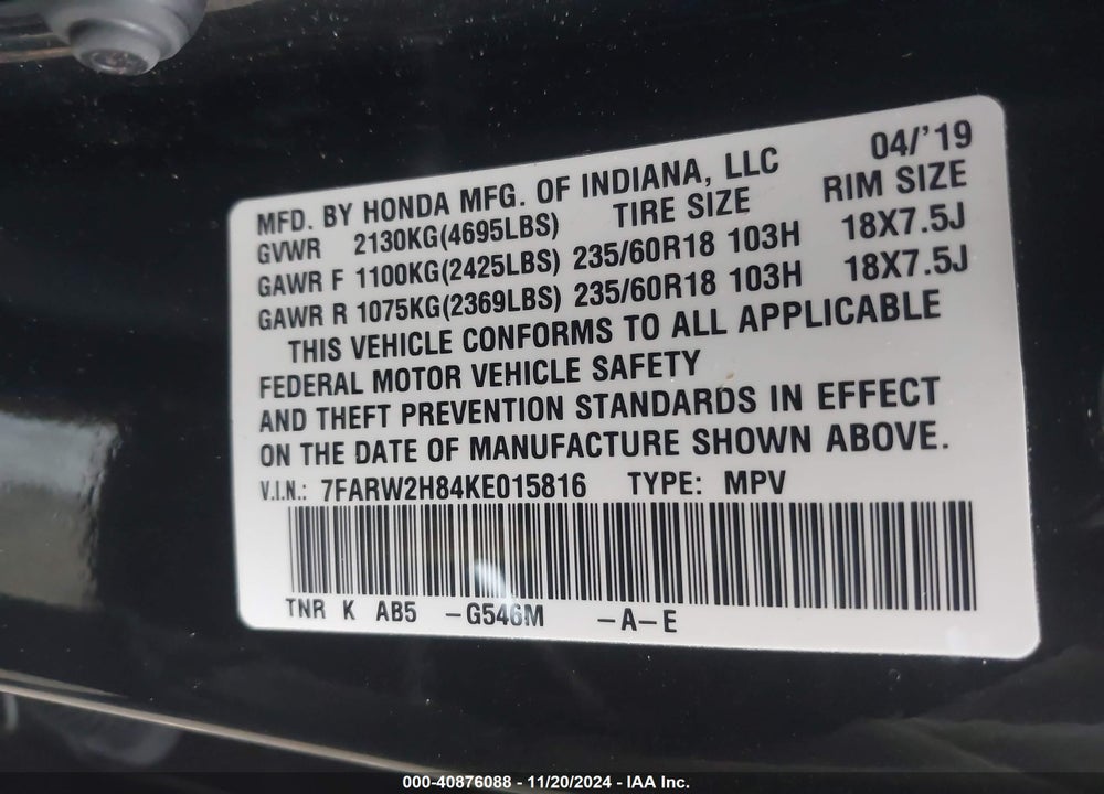 2019 HONDA CR-V EX-L VIN: 7FARW2H84KE015816