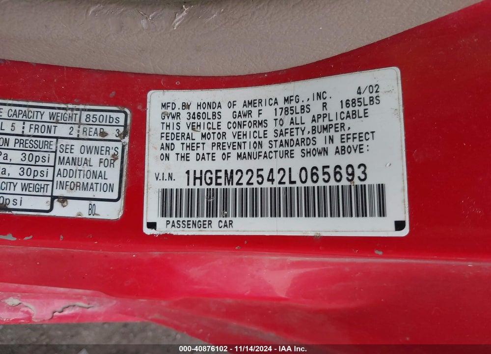 2002 HONDA CIVIC LX VIN: 1HGEM22542L065693