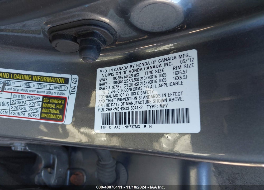 2012 HONDA CR-V LX VIN: 2HKRM3H34CH504182